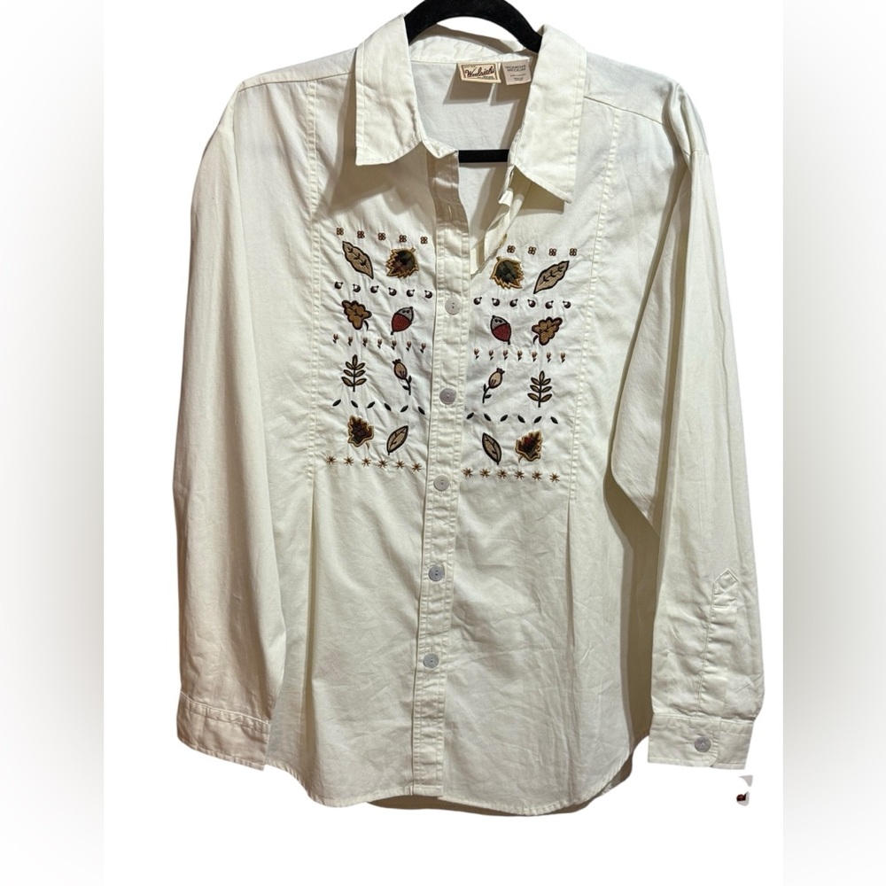 Woolrich‎ Button-Up Embroidered Cotton Top Fall Leaf Motif Sz M